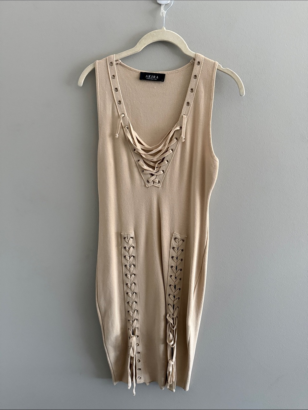 AKIRA Beige Lace-Up Midi Knit Dress